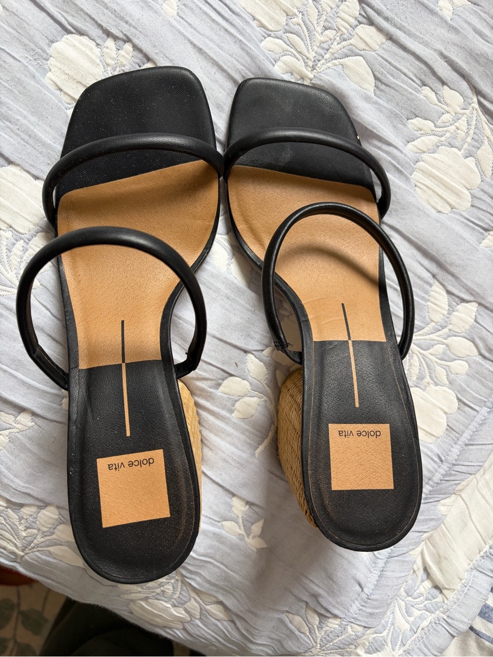 Dolce Vita Black Strappy Wedge Sandals with Tan Footbed